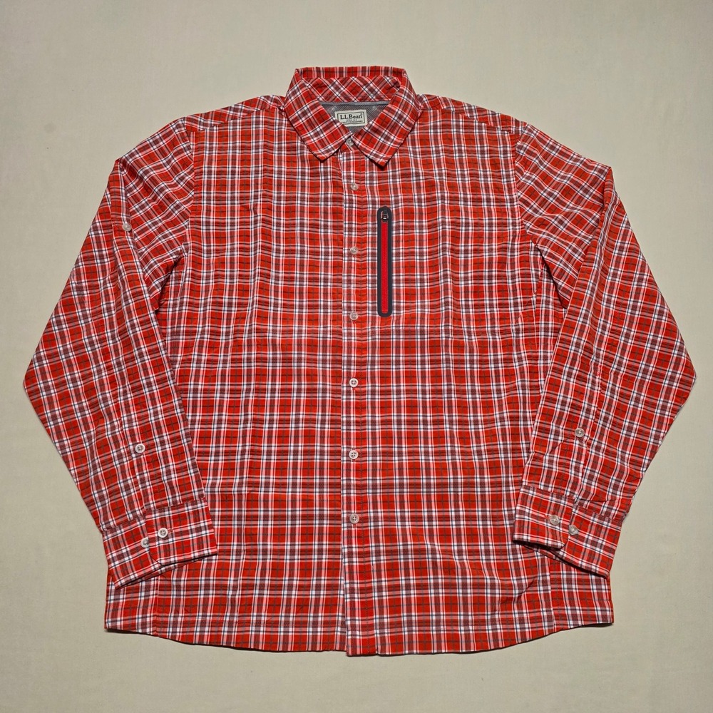 LL Bean Men Orange Relaxed Plaid LongSleeve Western Shirt RollTab Size Medium